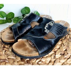 THINK! WOMANS LEATHER COMFORT SANDALS BLACK & TAN MULES SIZE 41 US 10